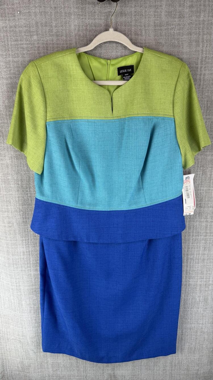 Leslie Fay Skirt Suit Womens 14WP Multicolor 2 Piece Lined Colorblock 1-Piece